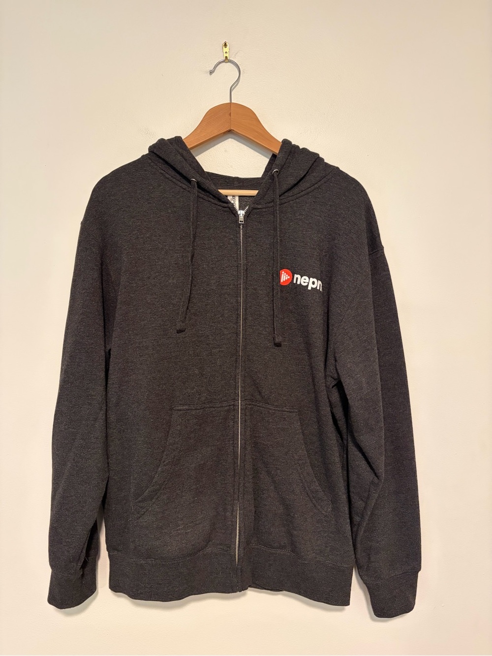 NEPM Size Medium Charcoal Zip Hoodie with Small Red & White Logo